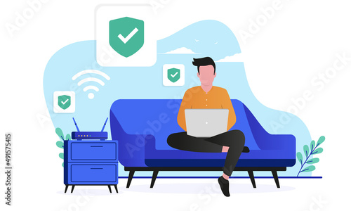 Online security - Man at home in sofa using wifi, computer and internet with protection symbols. Flat design vector illustration with white background