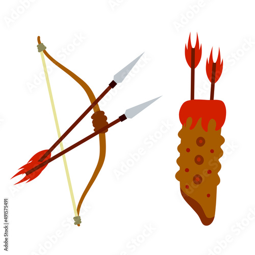 Bow and arrow. Taut bowstring. Set of objects. Flat cartoon illustration. Shooting and hunting element