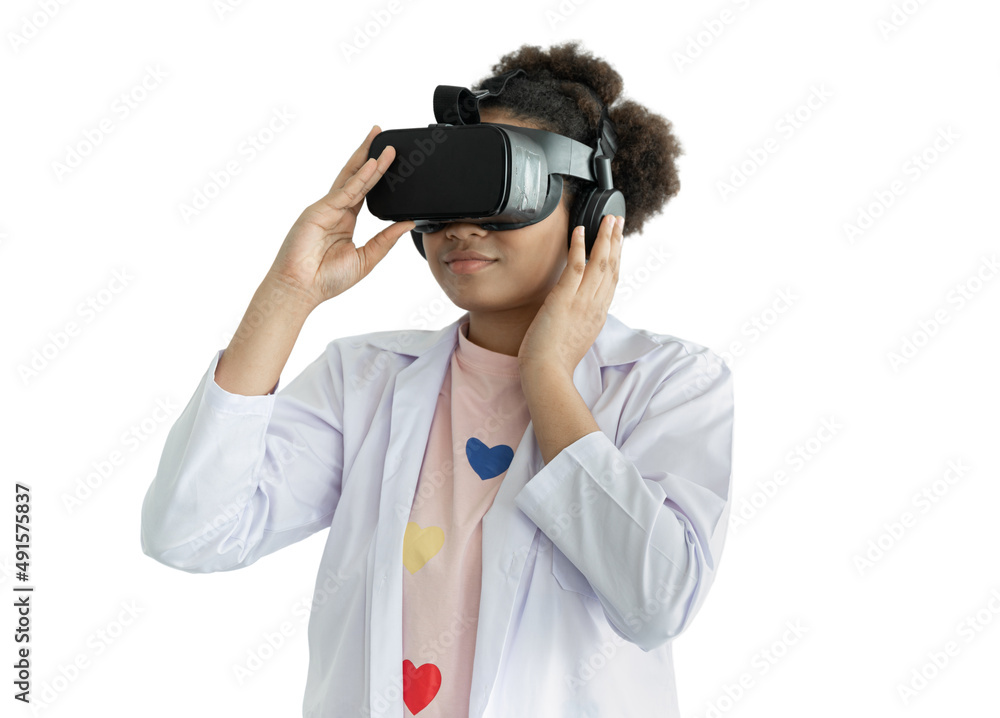 Afro hair girl use VR grass on white background Afro hair girl use VR grass on white background