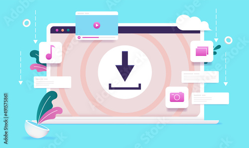 Downloading files online - Laptop computer with internet download icon and design elements, vector illustration
