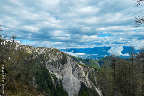 Breakdown of a massive cliff in the Karawanks in Carinthia, Austria. Triglav National Park. Woodland. A mass of small loose stones that form or cover a slope on a mountain. Slope covered with scree.