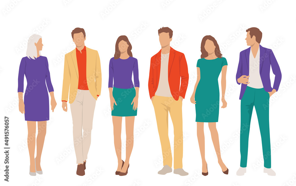 Obraz premium Set of young men and women, different colors, cartoon character, group of silhouettes of standing business people, students, the design concept of flat icon, isolated on white background