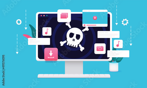 Internet piracy - Computer with pirate skull on screen and file download icons. Vector illustration photo