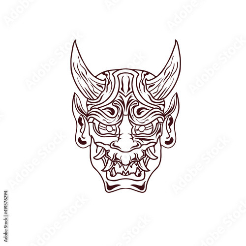 Hand drawn outline Tattoos Green demons Hannya the traditional japanese devil Oni mask illustration and tshirt design
