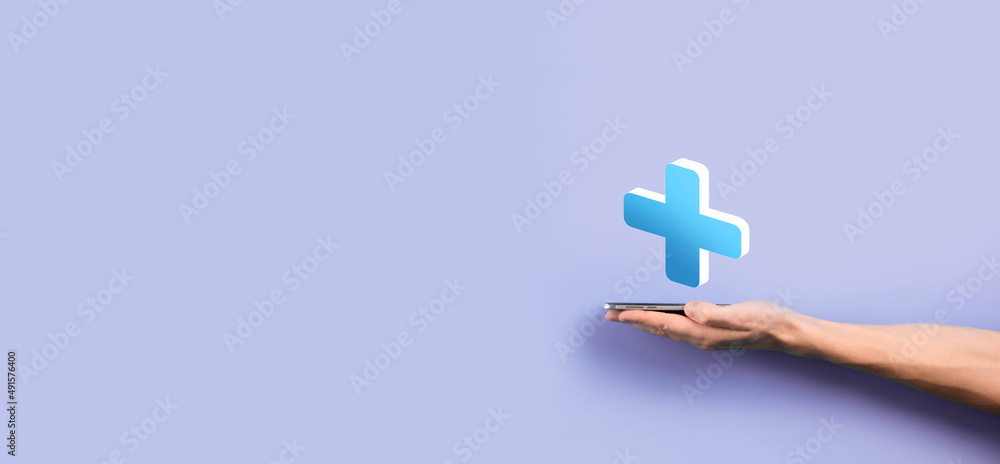Obraz premium Businessman hold 3D plus icon, man hold in hand offer positive thing such as profit, benefits, development, CSR represented by plus sign.The hand shows the plus sign