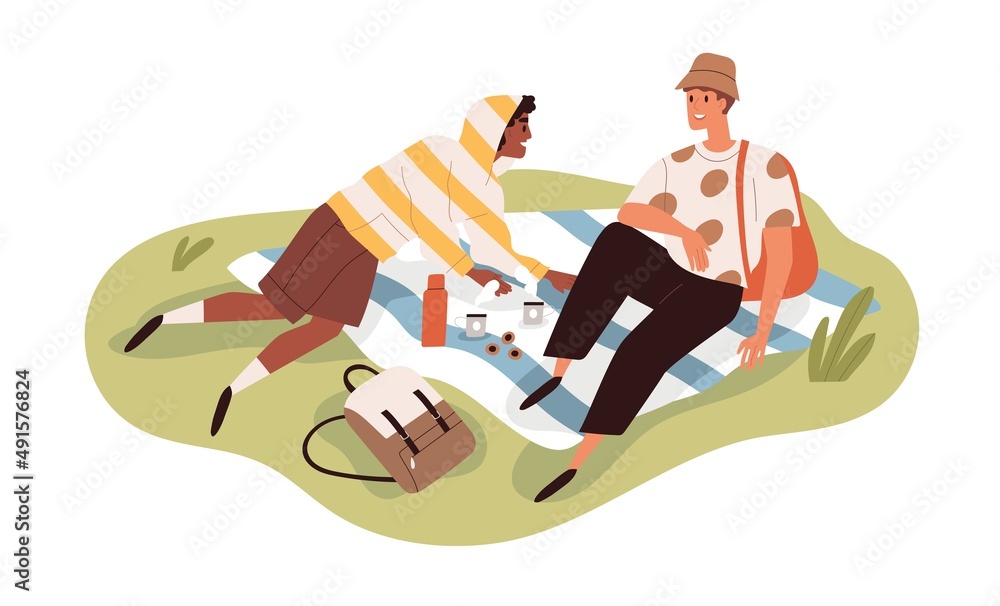 People relaxing on summer picnic. Couple of men with tea in thermos in nature. Happy biracial friends on blanket on grass. Leisure time outdoors. Flat vector illustration isolated on white background