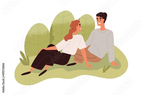 Love couple relaxing in nature. Happy romantic man and woman sitting on grass on summer holidays. Friends on lawn at outdoor leisure time. Flat vector illustration isolated on white background