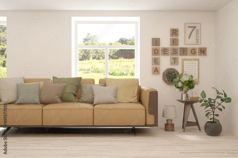 Fototapeta premium White living room with sofa and summer landscape in window. Scandinavian interior design. 3D illustration