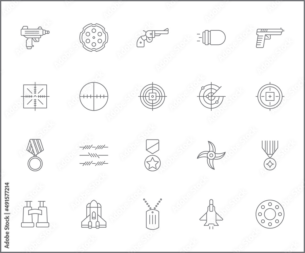 Set of weapon and Military icons line style. It contains such Icons as combat, gun, revolver, bullet, bomb, toxic, aim, knife, missile and other elements. Set of weapon and Military icons line style. It contains such Icons as combat, gun, revolver, bullet, bomb, toxic, aim, knife, missile and other elements.