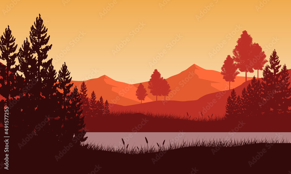 Adorable mountain view of the countryside with silhouettes of pine trees around the sea