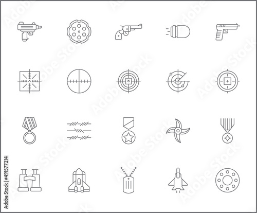 Set of weapon and Military icons line style. It contains such Icons as combat  gun  revolver  bullet  bomb  toxic  aim  knife  missile and other elements.