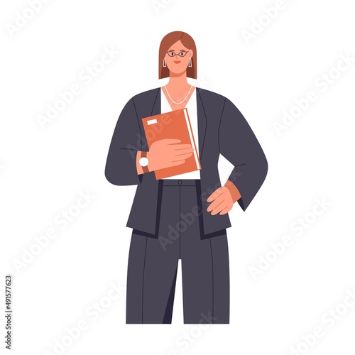 Woman office worker portrait. Confident businesswoman, CEO in formal apparel. Female entrepreneur with folder in hands. Business expert. Flat vector illustration of clerk isolated on white background