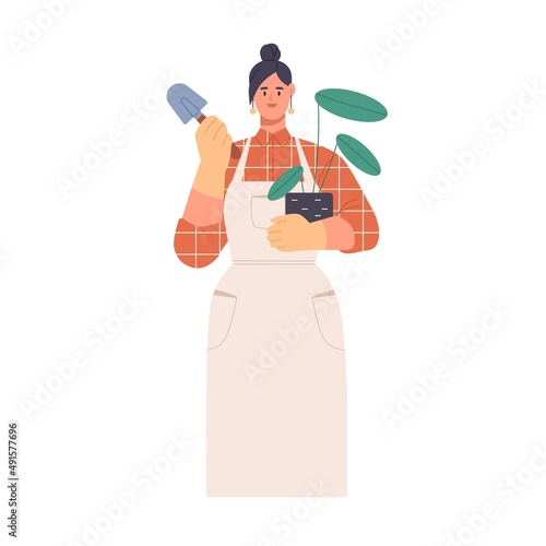 Woman gardener at work. Female portrait with potted house plant and shovel. Professional botanist in apron growing and caring about houseplant. Flat vector illustration isolated on white background