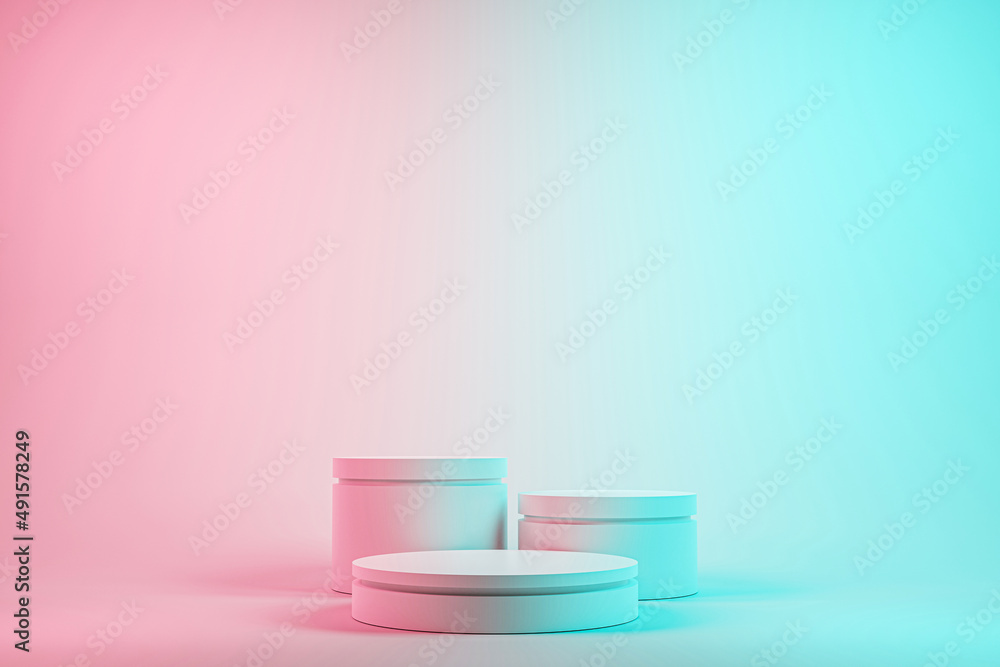 3 step white cylinder podium on pastel studio, blue and pink background, minimal concept, showcase for product. 3D render 3 step white cylinder podium on pastel studio, blue and pink background, minimal concept, showcase for product. 3D render