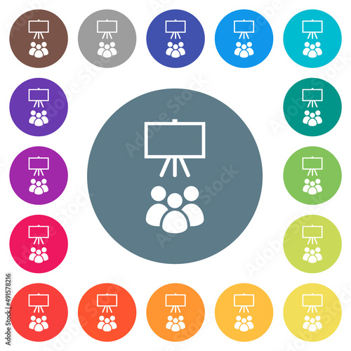 Classroom flat white icons on round color backgrounds