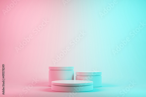 3 step white cylinder podium on pastel studio, blue and pink background, minimal concept, showcase for product. 3D render