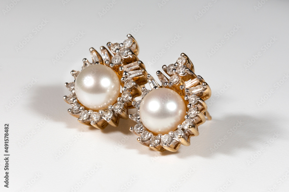 White Pearl Earring with Prong Studded Diamond Halo Earring in Yellow Gold