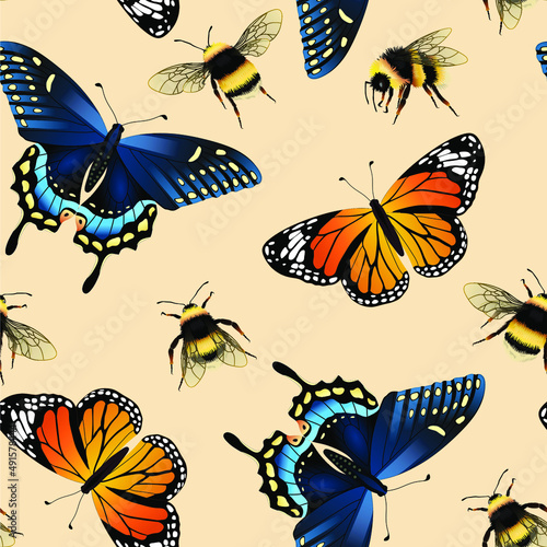 Seamless vector pattern with beautiful different butterflies and bumblebee. Contemporary composition for print. 