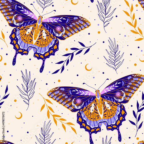 Elegant celestial seamless pattern with butterflies. Boho magic background with space elements stars, herbs. Design for card, fabric, print, greeting, cloth, poster, clothes, textile.