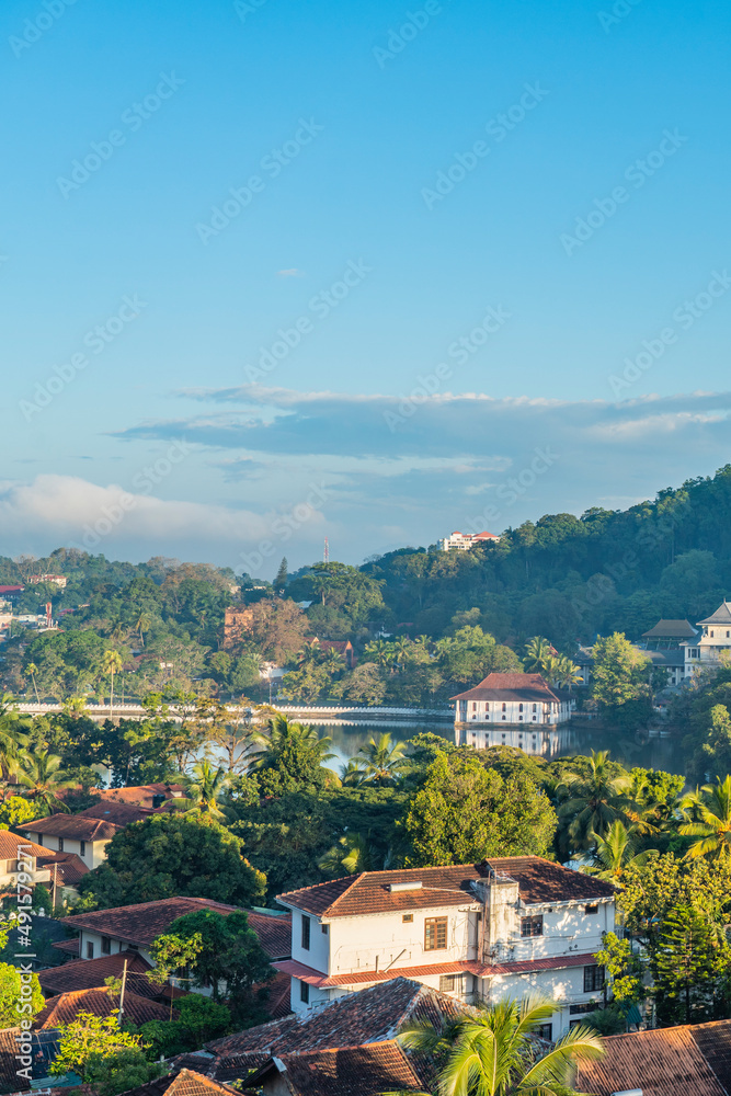 Panoramic view of Kandy city in Sri Lanka with buildings