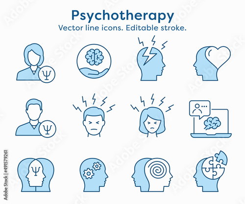 Psychology icon set. Collection of conflict, brain, emotion, doctor and more. Vector illustration. Editable Stroke.