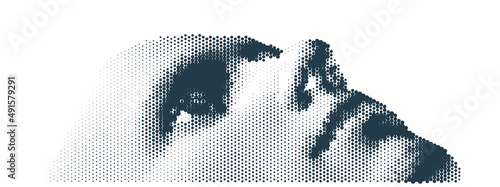Illustration of an man's face created from small particle. Man looking up. Abstract digital human head. Minimalistic design for presentation, banner, flyer, poster, cover or brochure. 3d vector.