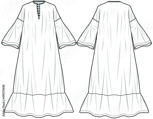 Henley Neck Trumpet Sleeve Tent Maxi Dress with Frill Hem, Abaya, Modesty Dress Front and Back View. fashion illustration vector, CAD, technical drawing, flat drawing.