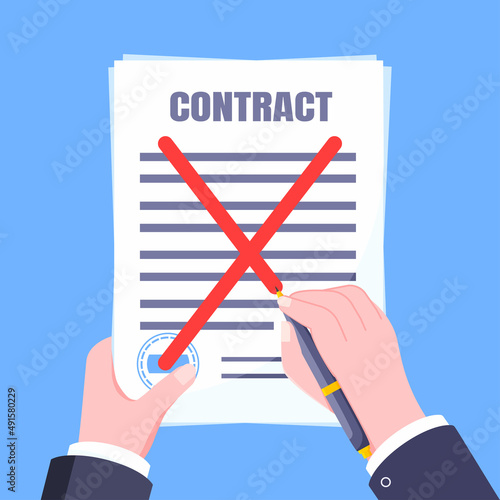 Contract cancellation business concept. Terminated tearing contract paper sheet breach flat style design vector illustration isolated on white background.