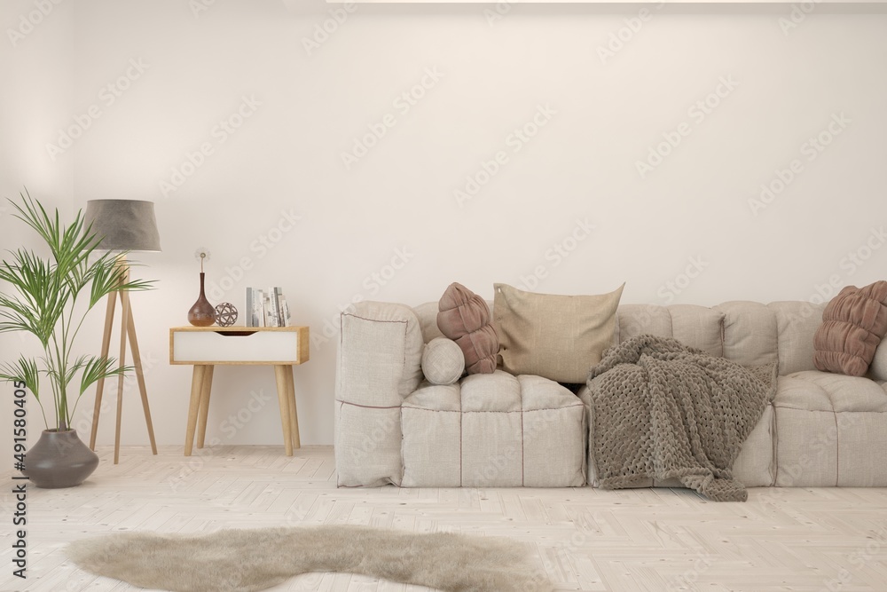White living room with sofa. Scandinavian interior design. 3D illustration White living room with sofa. Scandinavian interior design. 3D illustration