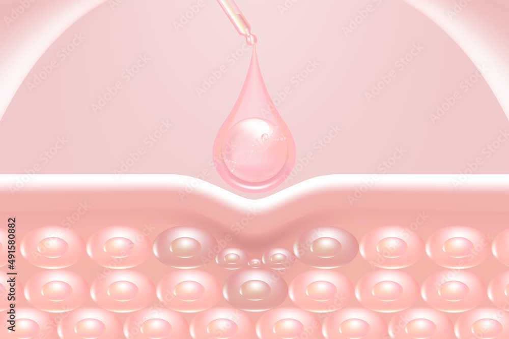 Hyaluronic acid skin solutions ad, pink collagen serum drop with cosmetic advertising background ready to use, illustration vector. Hyaluronic acid skin solutions ad, pink collagen serum drop with cosmetic advertising background ready to use, illustration vector.