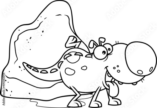 Outlined Dino Dog Cartoon Character Marking His Territory. Vector Hand Drawn Illustration Isolated On White Background