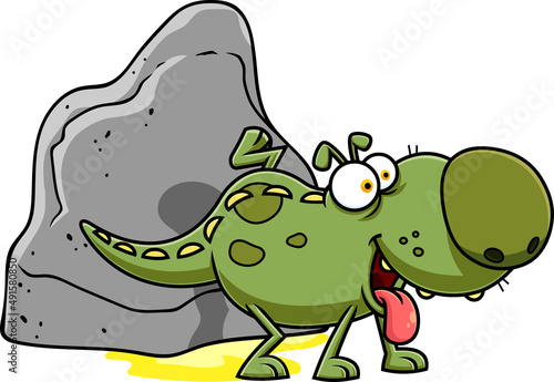 Green Dino Dog Cartoon Character Marking His Territory. Vector Hand Drawn Illustration Isolated On White Background