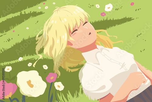 anime girl resting in field