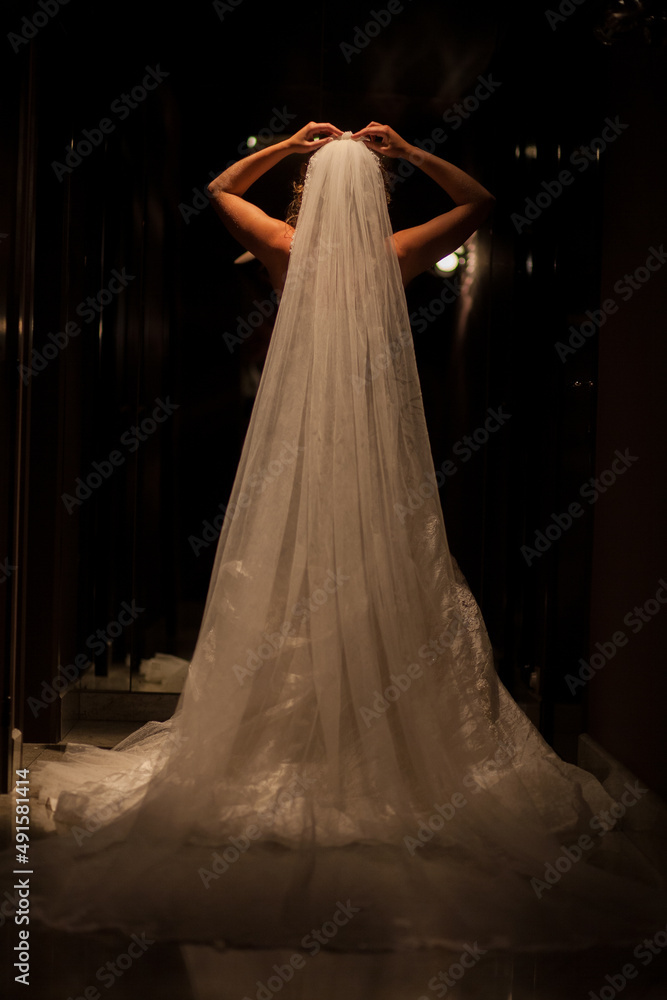 Beautiful bride in luxurious wedding dress in a dark hall. Beautiful bride with stylish make up and hair style. Young bride posing in white dress. Black and white. High quality photo