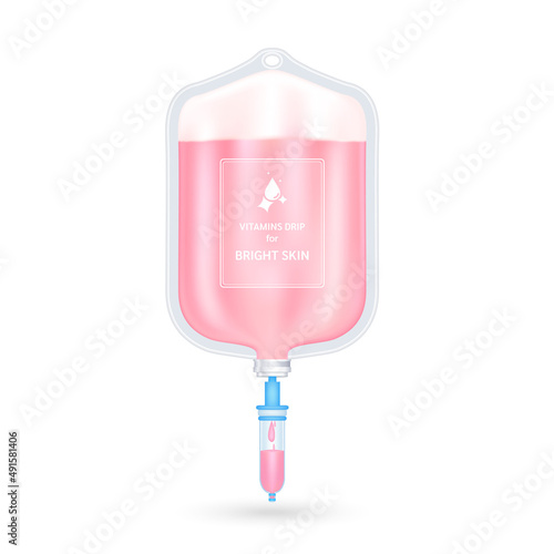 Serum collagen vitamin inside saline bag for bright skin pink. Injection of IV drip vitamin and minerals for health and skin. Medical aesthetic concept. Saline bag on white background 3D vector EPS10.