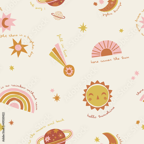 Day Night Sun Moon Rainbow Stars Planet with text vector seamless pattern. Boho Baby Crescent Solar celestial bodies background. Sky objects childish gender neutral print for fabric and nursery decor.