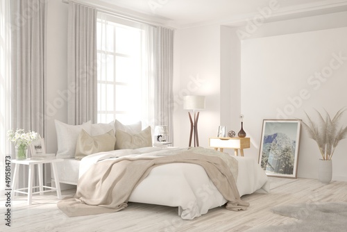 White bedroom interior. Scandinavian design. 3D illustration