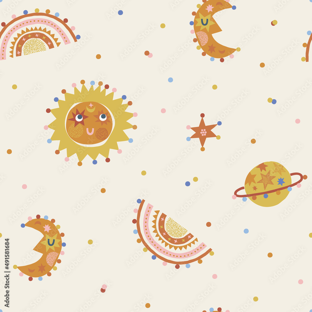 Celestial Day Night Sun Moon Rainbow Star Planet dotted vector seamless pattern. Boho Baby Crescent Solar Starry Sky background. Space childish gender neutral print for fabric and nursery decor. Celestial Day Night Sun Moon Rainbow Star Planet dotted vector seamless pattern. Boho Baby Crescent Solar Starry Sky background. Space childish gender neutral print for fabric and nursery decor.