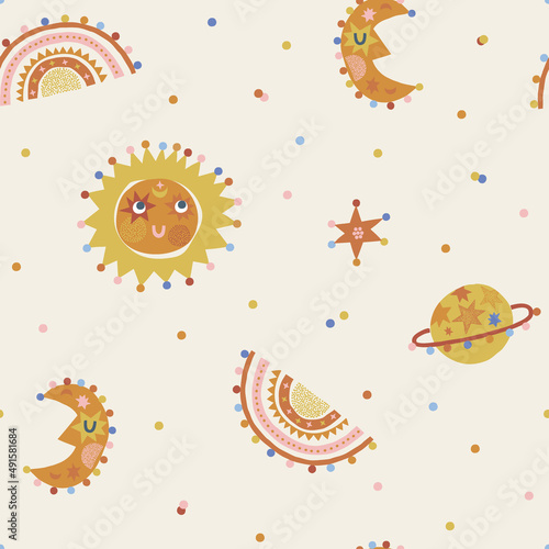 Celestial Day Night Sun Moon Rainbow Star Planet dotted vector seamless pattern. Boho Baby Crescent Solar Starry Sky background. Space childish gender neutral print for fabric and nursery decor.