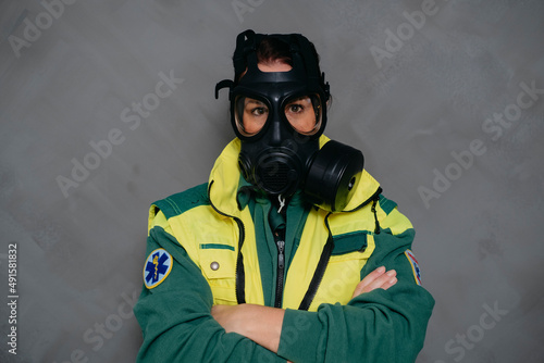 Portrait of ambulance staff wearing face mask photo