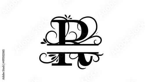 Letter R. Animated logo. Monogram, split letter R. Vintage style, twigs and leaves appear at logo. Letter on transparent background. You can insert a logo on any of your videos. Animation vector