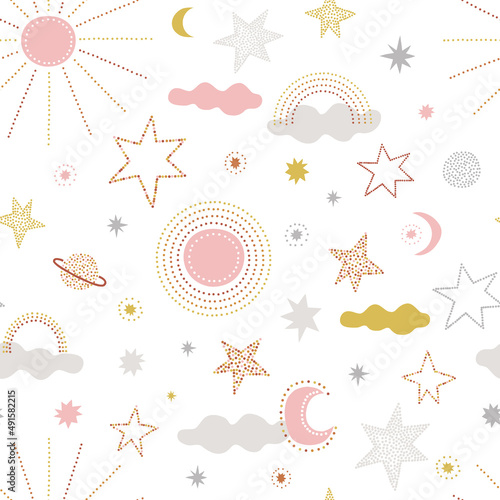 Day Night sun clouds rainbow stars planets crescent gentle vector seamless pattern. Boho baby celestial background. Soft colours childish sky surface design for kids fabric and nursery decor.