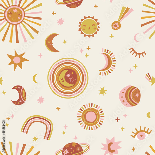 Celestial Day Night Sun Moon Rainbow Stars Planet vector seamless pattern. Boho Baby Crescent Solar Starry Sky background. Space childish gender neutral print for fabric and nursery decor.