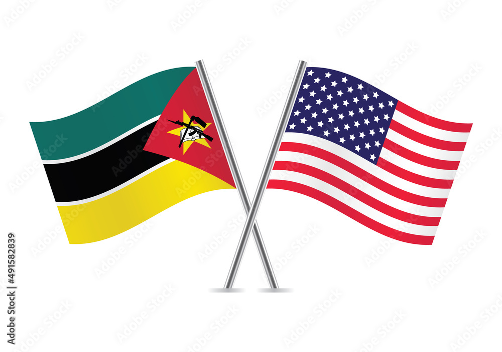 Obraz premium Mozambique and America crossed flags. Mozambican and American flags, isolated on white background. Vector icon set. Vector illustration.