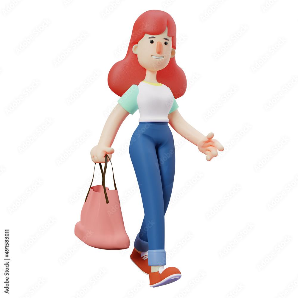 3D Cute Girl Cartoon Character holding a pink bag 3D Cute Girl Cartoon Character holding a pink bag