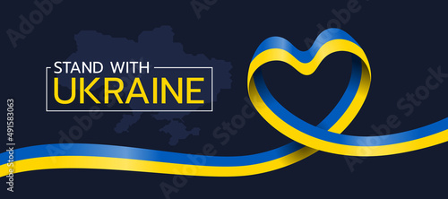 Fotografie, Obraz stand with ukraine text on map of ukraine and ribbon nation flag roll wave make