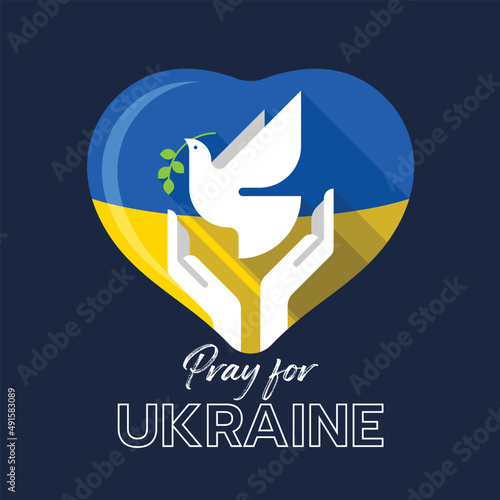 Pray for ukrain - Hands hold care dove of peace in heart with flag ukrain texture on dark blue background vector design