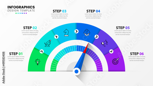Infographic template with icons and 6 options or steps. Pointer