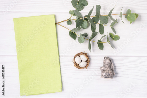 Canvastavla Flatlay composition with green linen kitchen towel or textile napkin