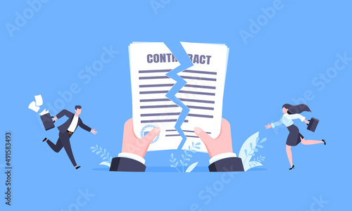Contract cancellation business concept. Terminated tearing contract paper sheet breach flat style design vector illustration. Business people running toward giant hands with tearing contract papers.